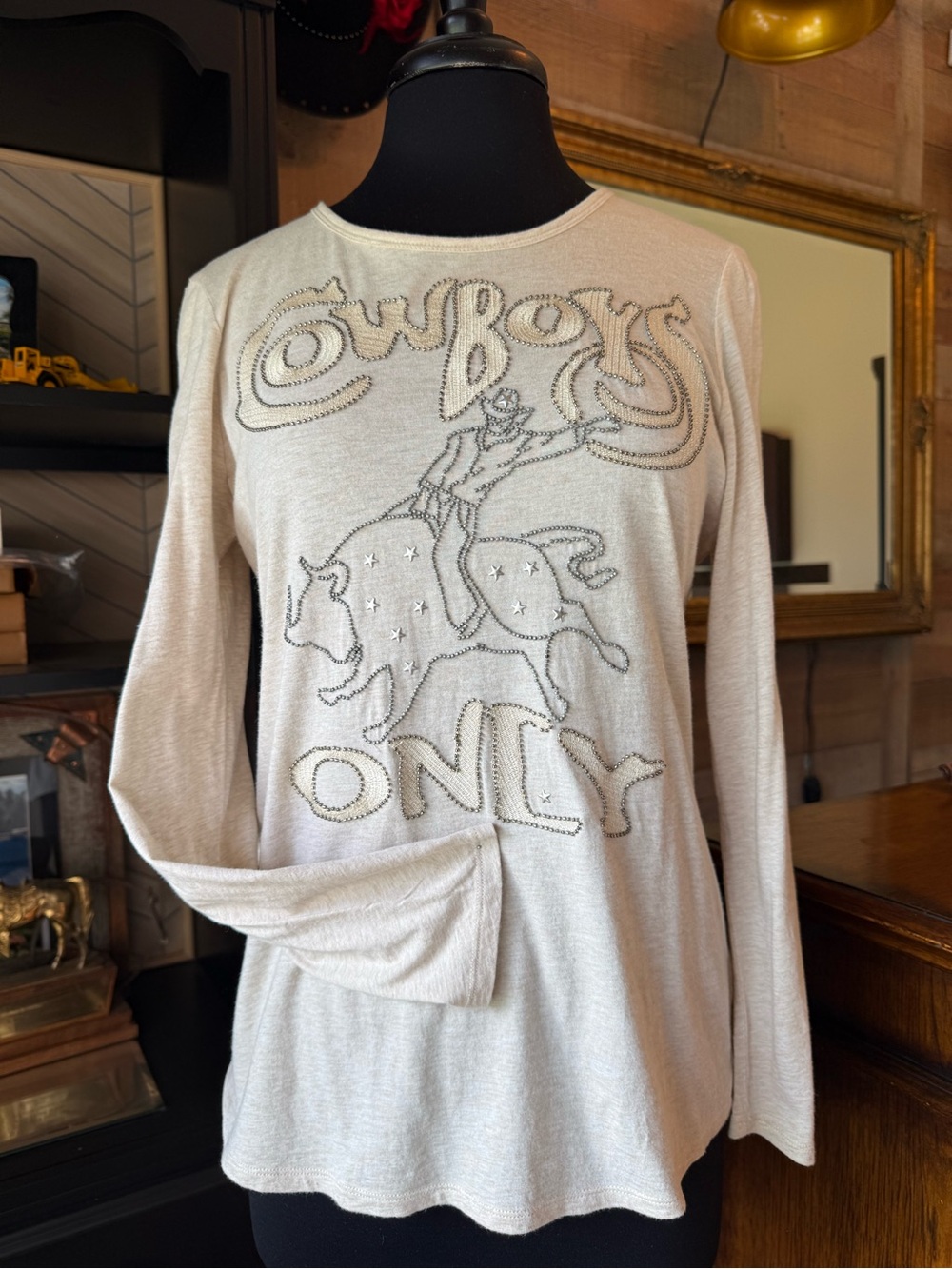 Reba Cream Rhinestone 'Cowboys Only' Long-Sleeve Top